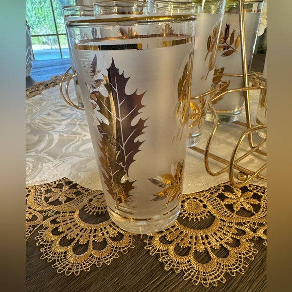 MCM Libbey Frosted Gold Leaf Highball Glasses Set with Metal Carrier - Picture 4 of 5